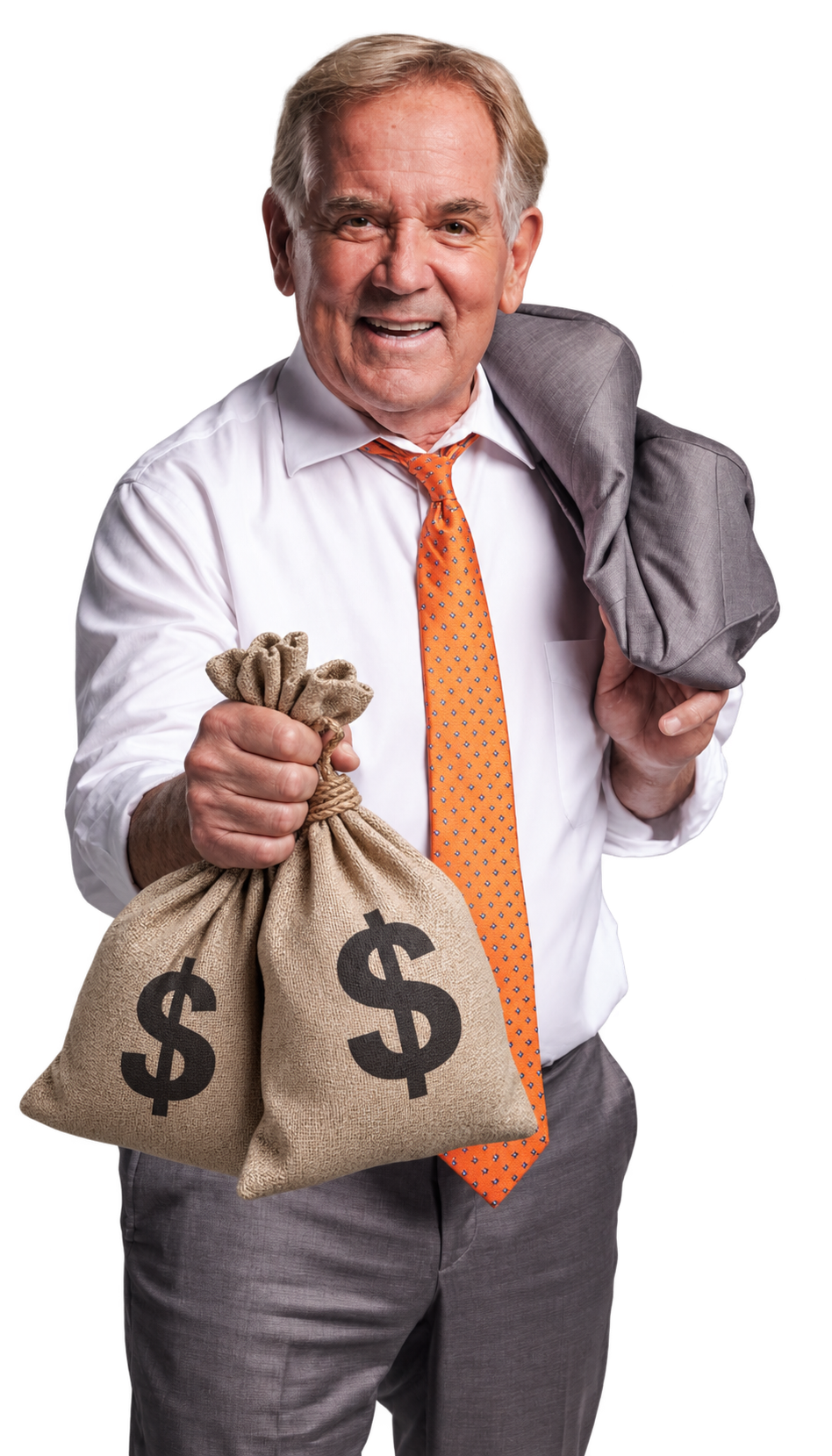 Photo illustration of Rod Kuegel holding two money bags
