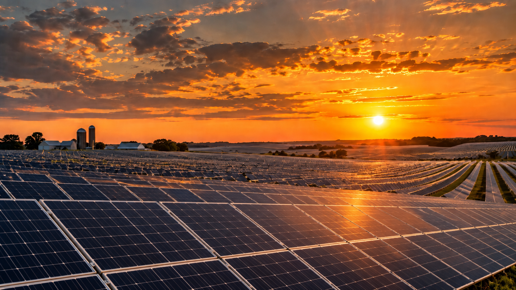 The same view at sunset with the fields covered in rows of solar panels.