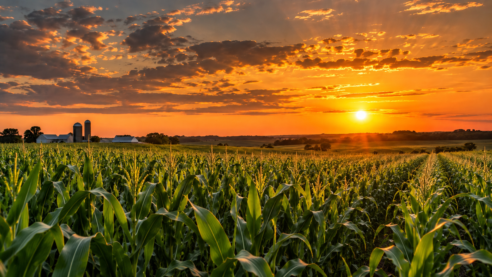 A corn field at sunset with a farmstead and two silos on the horizon.